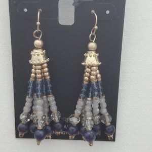 GOLD TONE QUARTZ AND BLUE BEADS TASSEL EARRINGS
